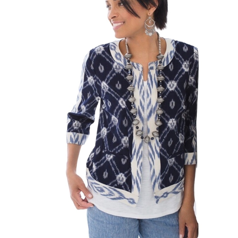 Chico’s Women’s Ikat‎ Print Cotton Open Blazer Navy White Lightweight Size 1 M